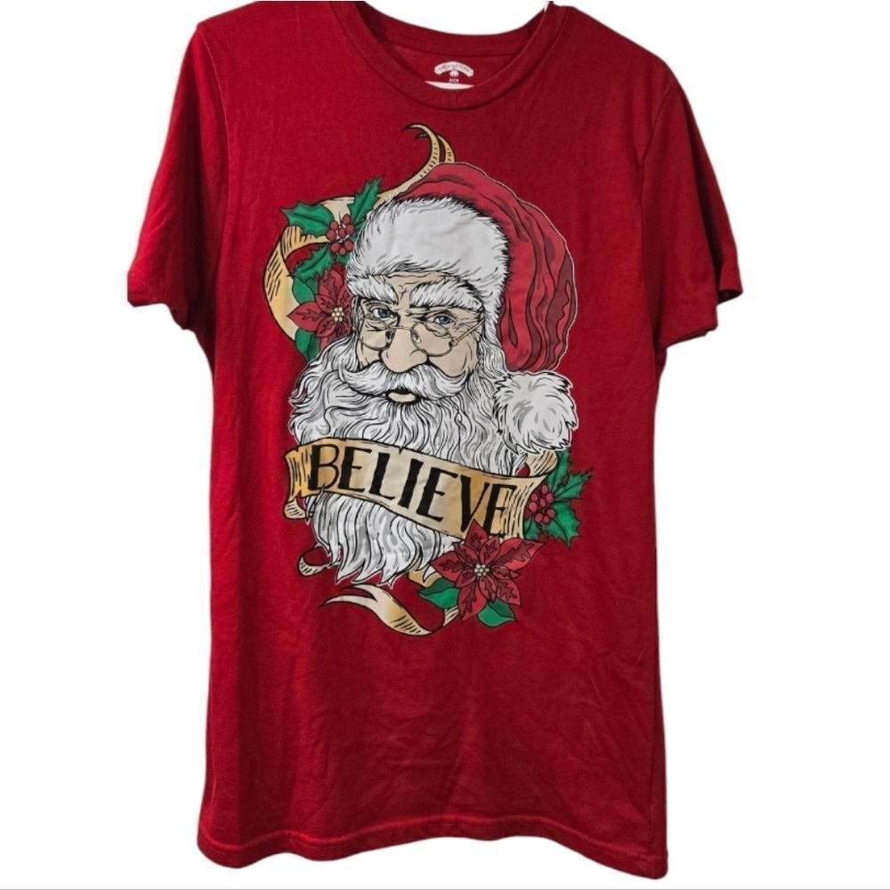 Men's Christmas Shirt Red Graphic Print Holiday Tee Believe Santa Claus Festive